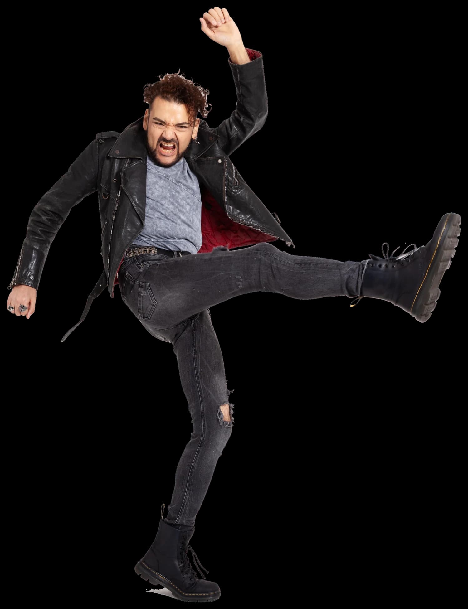 Ebro, mid-kick in a leather biker jacket